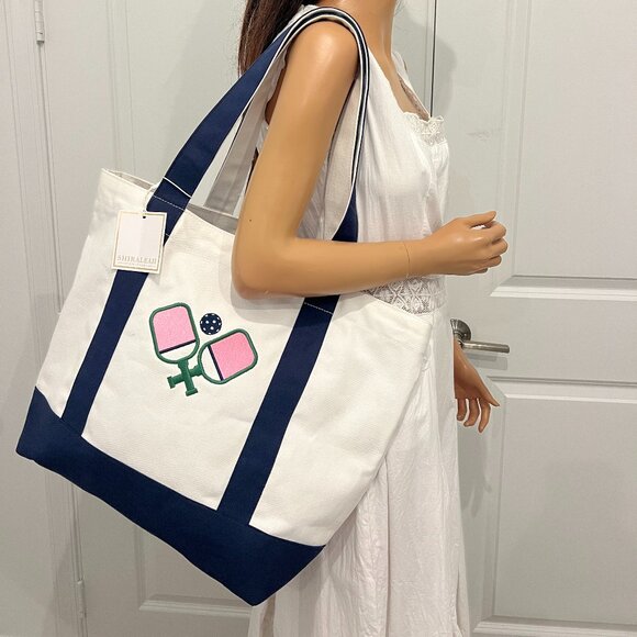 SHIRALEAH Canvas Embroidered Pickleball Paddles Large Tote Bag - Picture 1 of 10